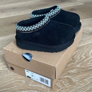 UGG Kids Black Suede Slip-On Clogs with Woven Trim